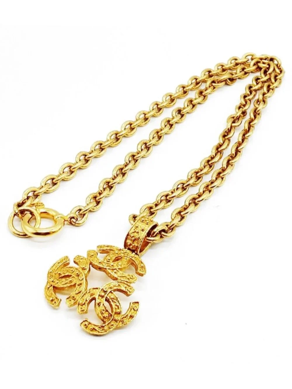 Authentic Chanel CC Triple Logo Pendant Necklace Gold Tone Chain Vintage Luxury